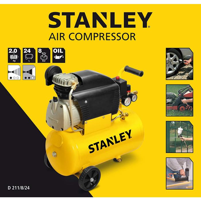 Compressore stanley giallo d211/8/24, 24 litri, 8 bar, motore 2hp  lubrificato ad olio Online